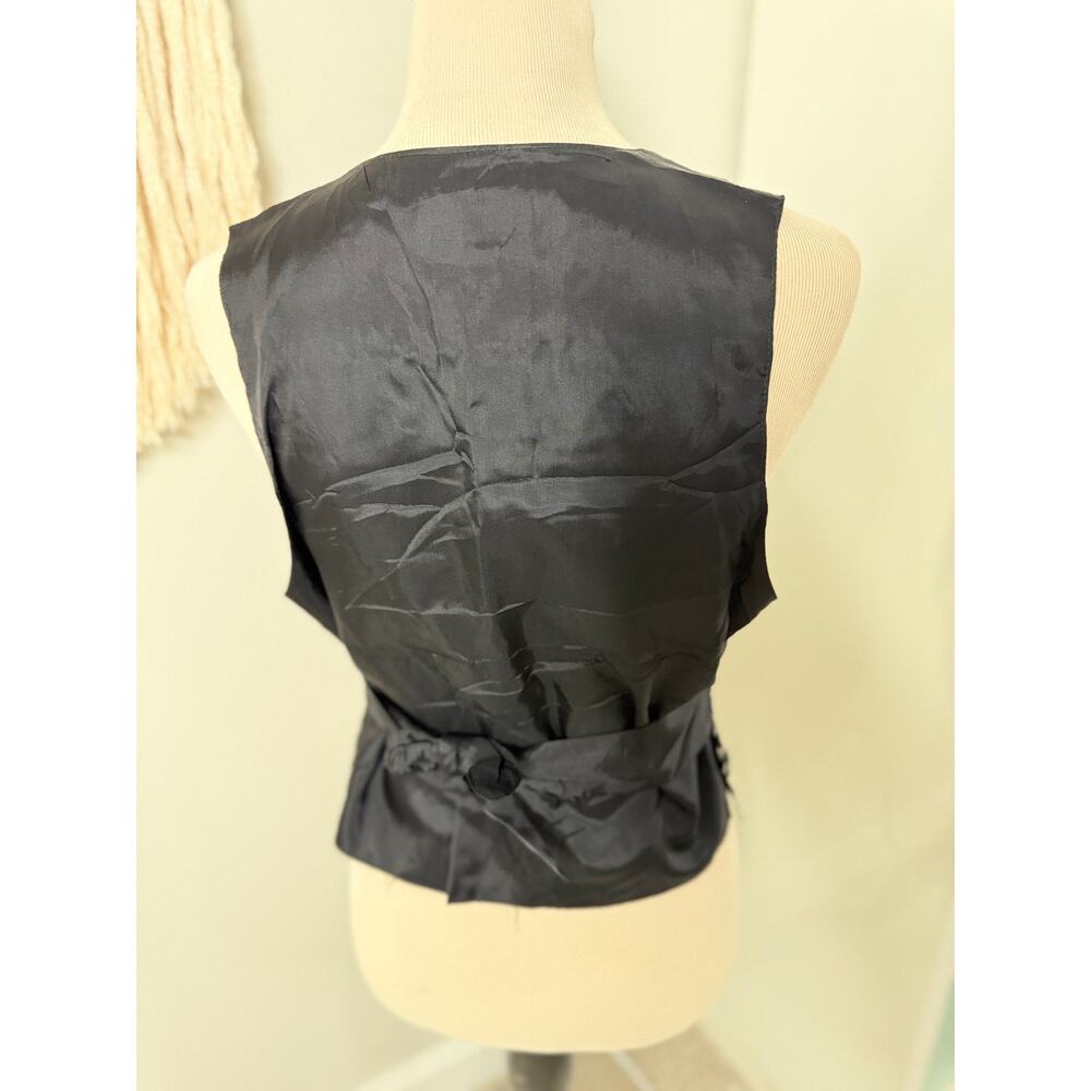 Women's Vintage Black White Satin Embroidered Button-front vest Medium Holiday - Picture 3 of 6